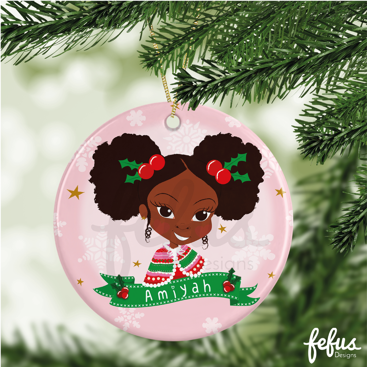 Additional product photo of the personalised Black Girl Magic featuring Deja Christmas bauble by Fefus Designs.