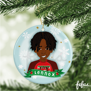 Personalised Black Boy Joy featuring Kyrese Christmas bauble by Fefus Designs, designed as a keepsake for the Christmas tree.