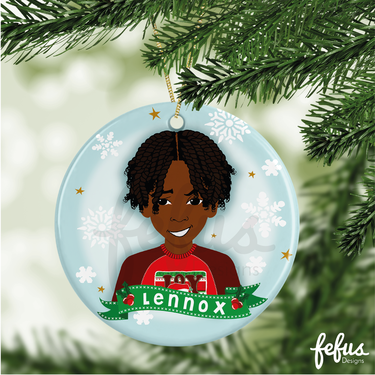Personalised Black Boy Joy featuring Kyrese Christmas bauble by Fefus Designs, designed as a keepsake for the Christmas tree.