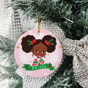 Personalised Black Girl Magic featuring Deja Christmas bauble by Fefus Designs, designed as a keepsake for the Christmas tree.