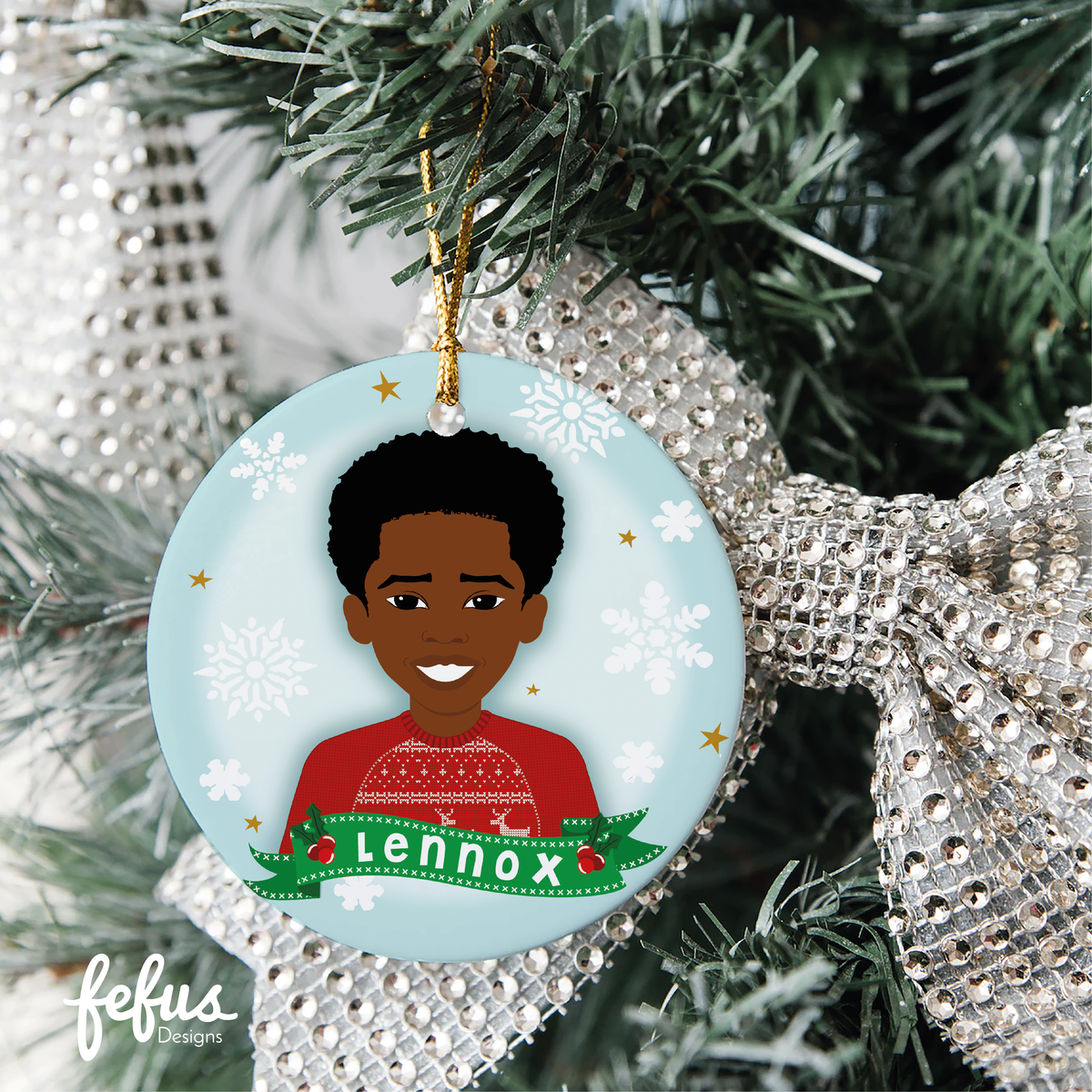 Personalised Black boys Christmas bauble by Fefus Designs, designed as a keepsake for the Christmas tree.