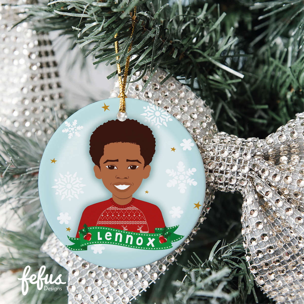 Personalised brown boy Christmas bauble by Fefus Designs.