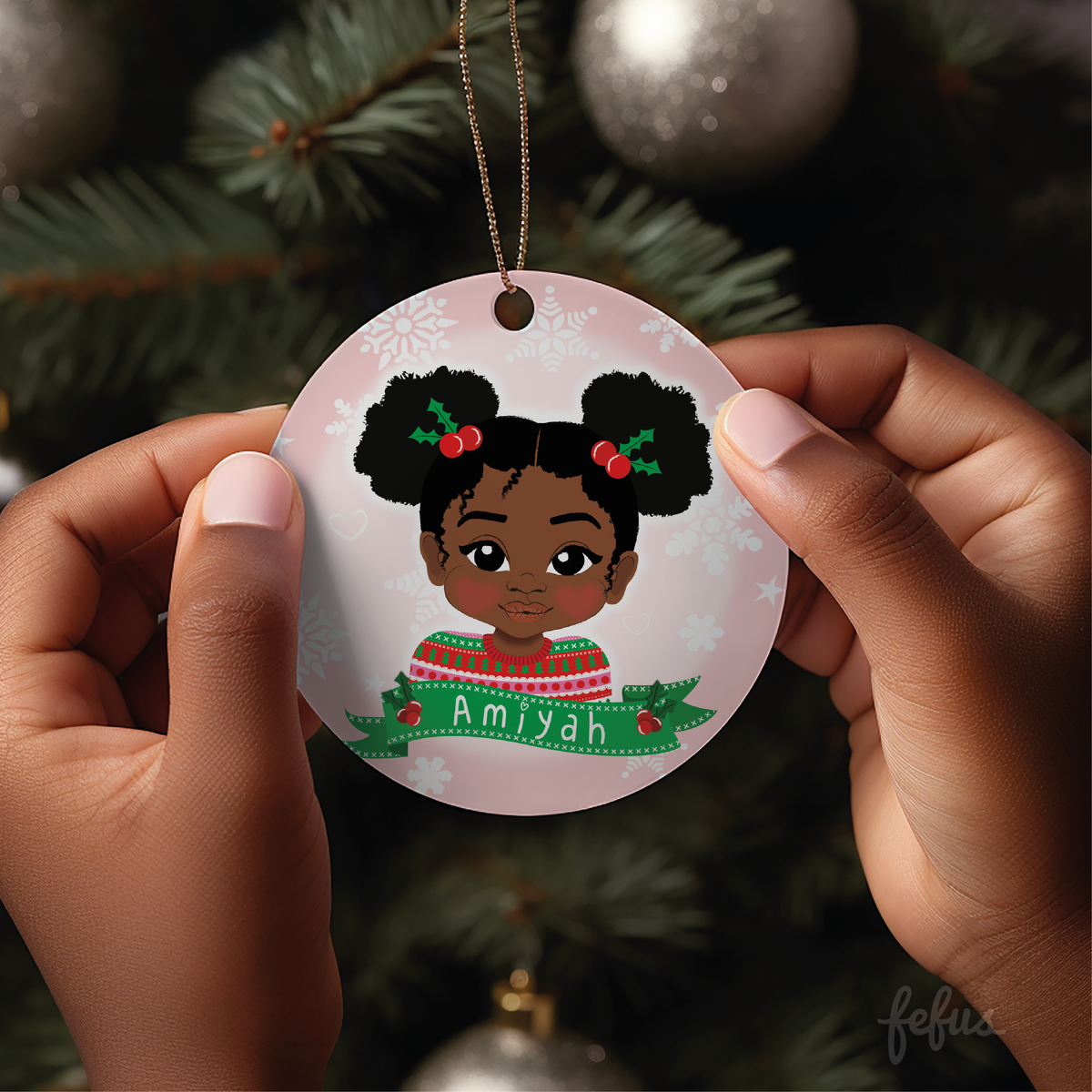 Another product view of the personalised Black girl Christmas bauble by Fefus Designs.