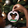 Personalised Black girl Christmas bauble by Fefus Designs, designed as a keepsake for the Christmas tree.