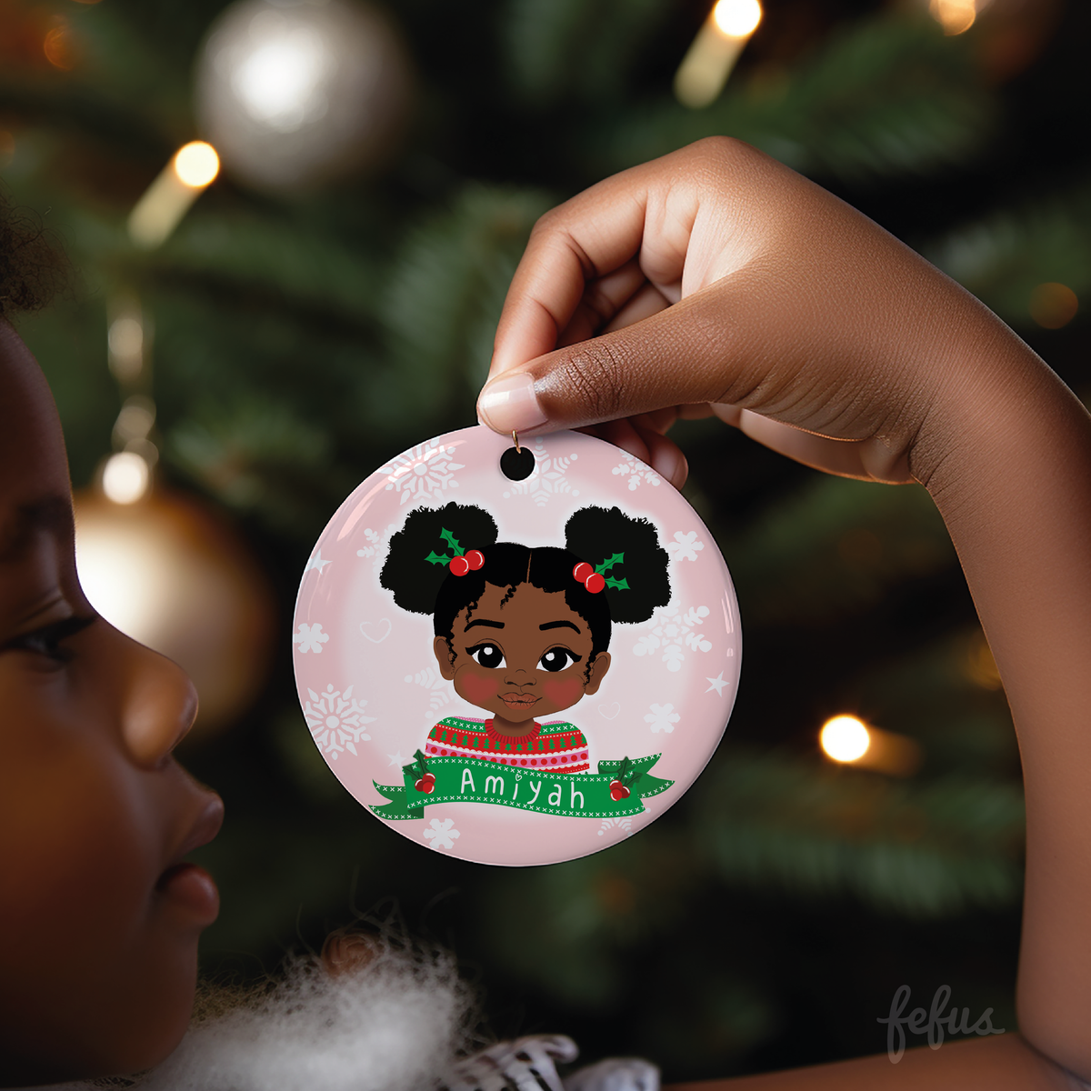 Personalised Black girl Christmas bauble by Fefus Designs, designed as a keepsake for the Christmas tree.