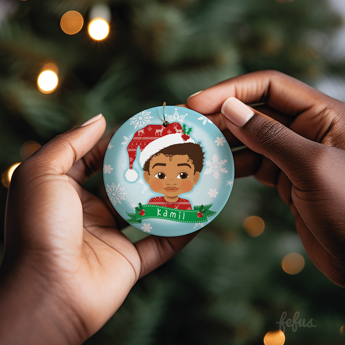 Additional product photo of the personalised brown boy Christmas bauble by Fefus Designs.