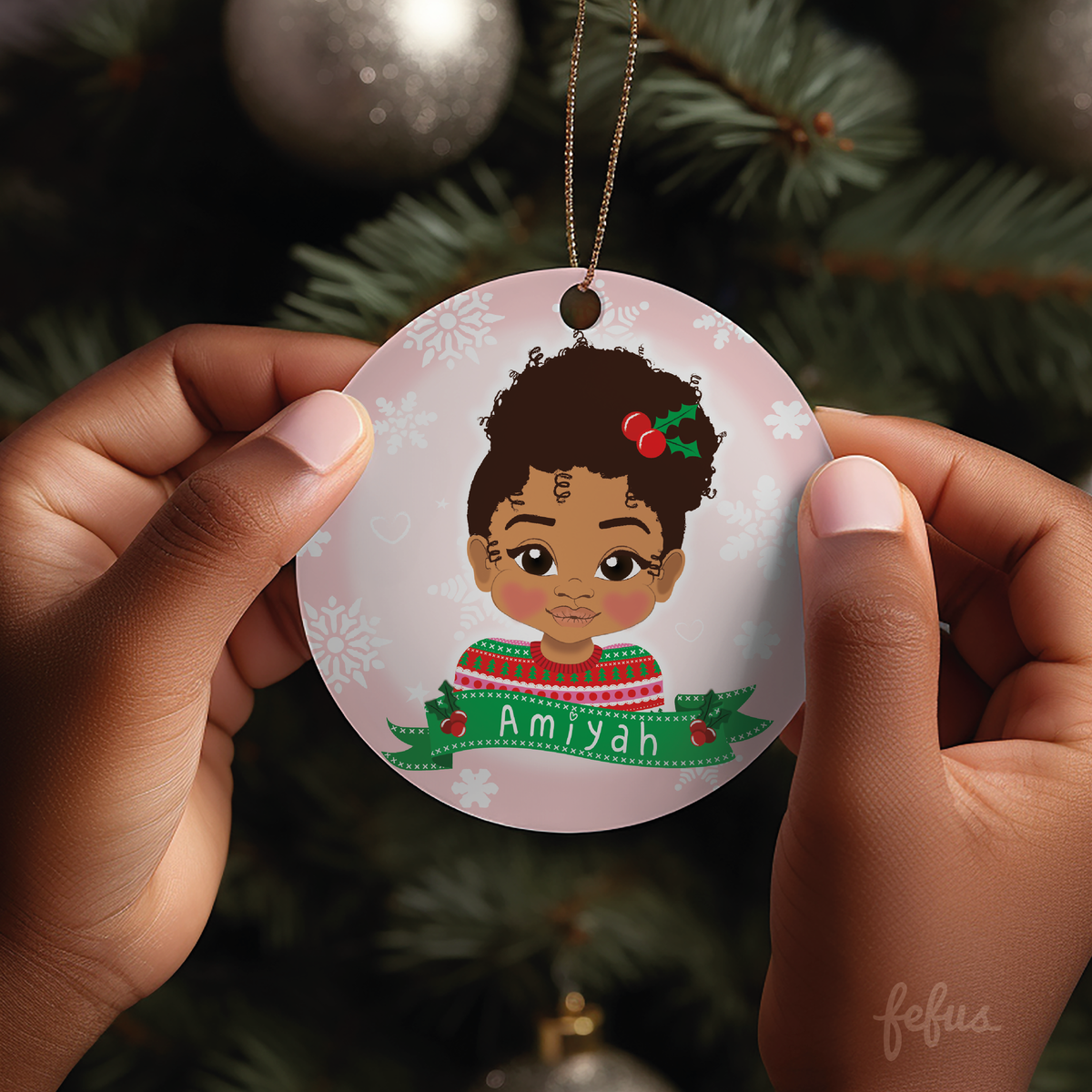 Additional product photo of the personalised brown girl Christmas bauble by Fefus Designs.