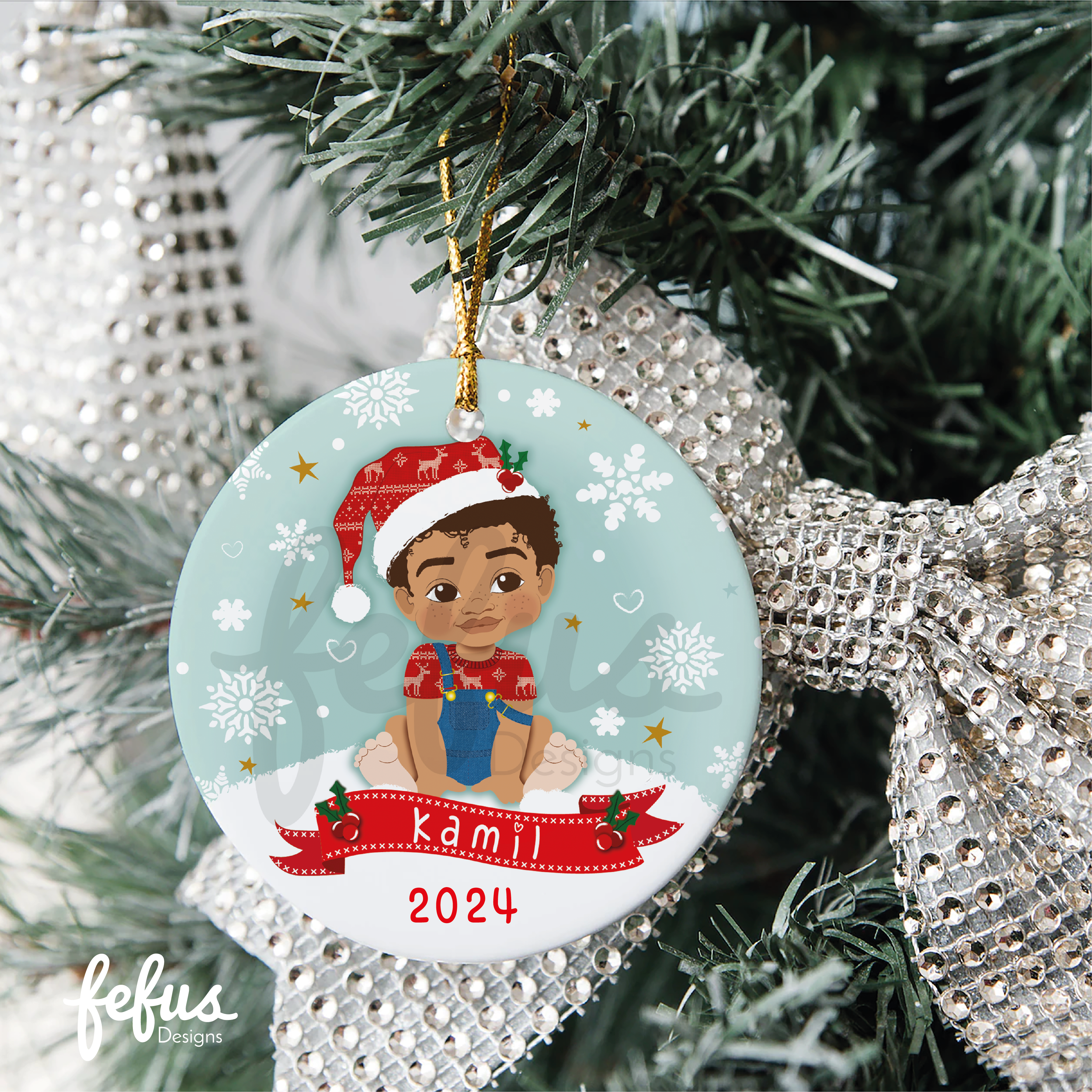 Personalised Mixed race Baby Boys 1st Christmas Bauble | Fefus Designs