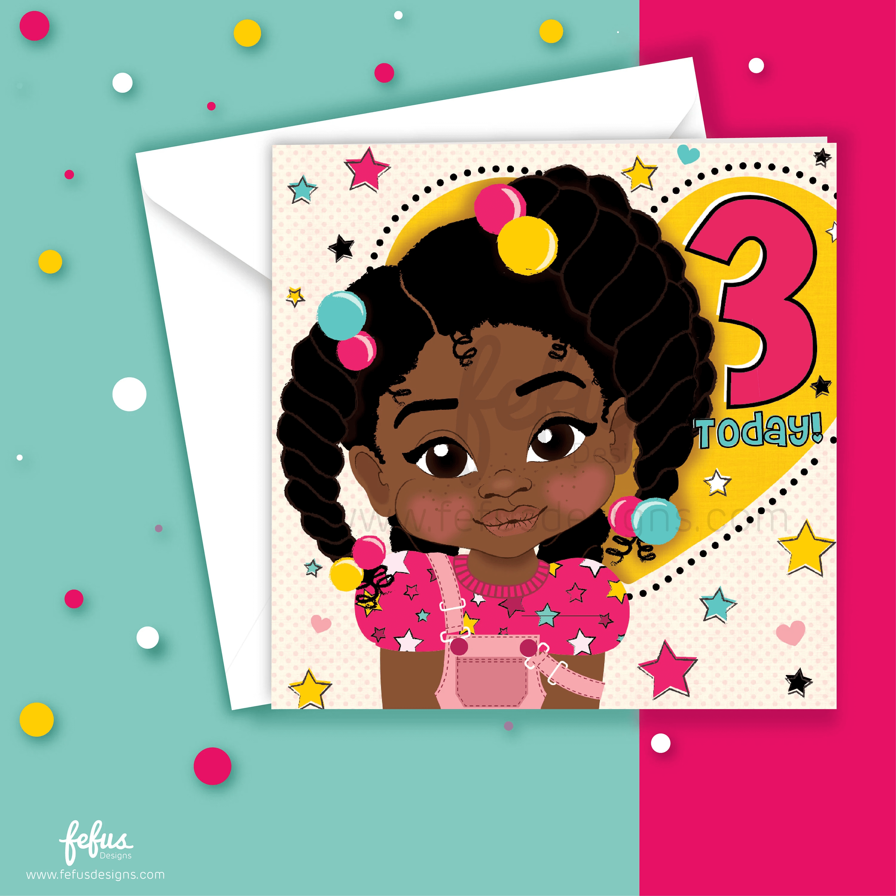 Adorable Black Girl with Colorful Bubbles in Afro Hair, Wearing Pink Star-Patterned Top and Light Pink Dungarees. Three Chunky Twists Accentuate Her Afro. Background Features a Yellow Heart with Pink '3', Blue 'Today' text, and Colorful Stars. Celebrate Black Girl Magic with Fefus Designs' 3rd Birthday Card!