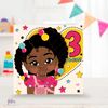 Adorable Black Girl with Colorful Bubbles in Afro Hair, Wearing Pink Star-Patterned Top and Light Pink Dungarees. Three Chunky Twists Accentuate Her Afro. Background Features a Yellow Heart with Pink '3', Blue 'Today' text, and Colorful Stars. Celebrate Black Girl Magic with Fefus Designs' 3rd Birthday Card!