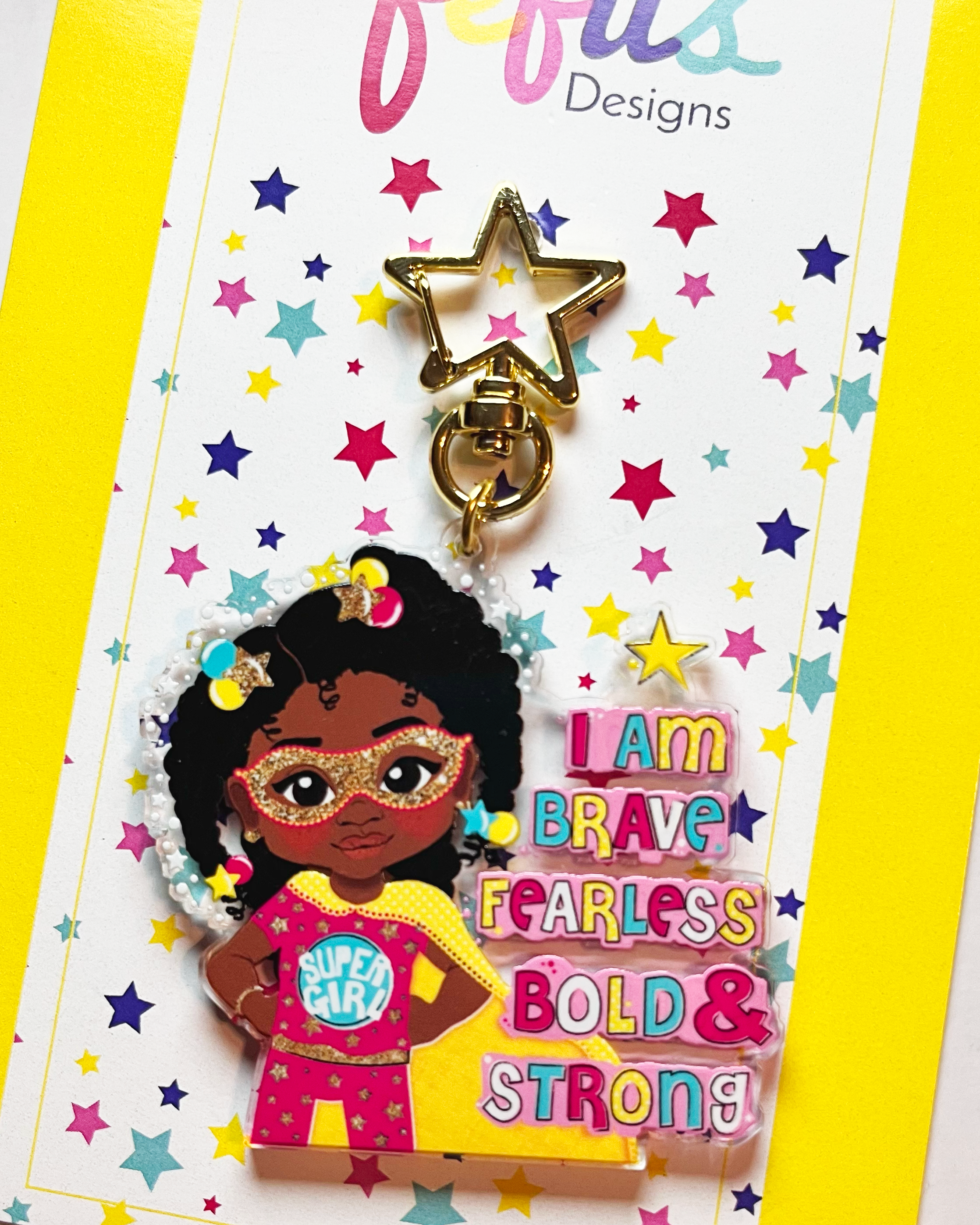 Black Girl Superhero Keyring – Empowering Recycled Acrylic Bag Charm for Kids | Afro Girl Keychain by Fefus Designs