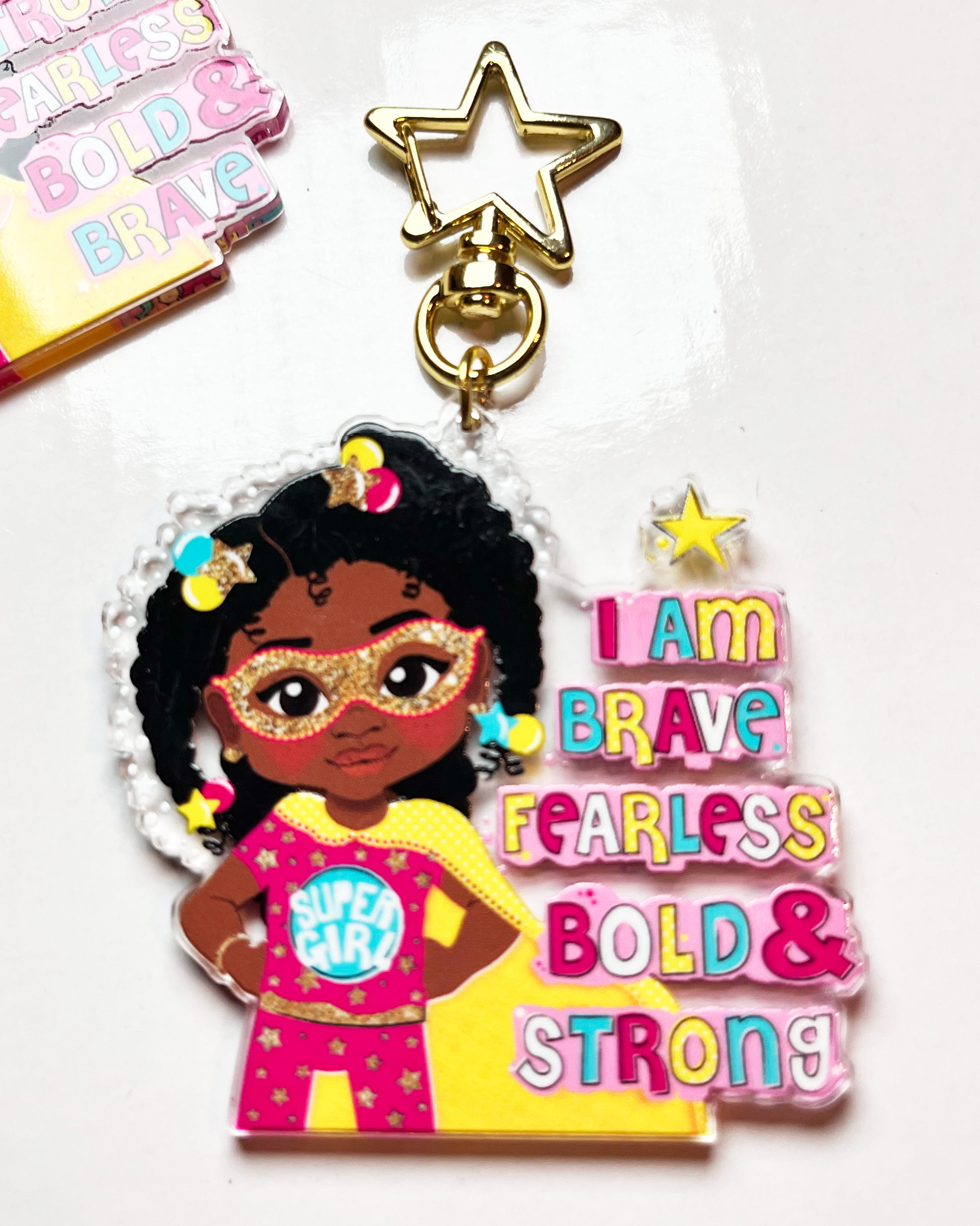 Black Girl Superhero Keyring – Empowering Recycled Acrylic Bag Charm for Kids | Afro Girl Keychain by Fefus Designs