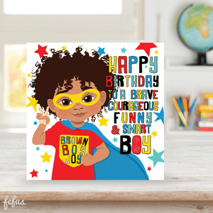 Celebrate your little mixed-race superhero's birthday with this vibrant, handmade card. Featuring a powerful mixed-race boy and inspiring words, it's the perfect gift to uplift and encourage him.  Hand-drawn, printed in the UK, and comes with an envelope.