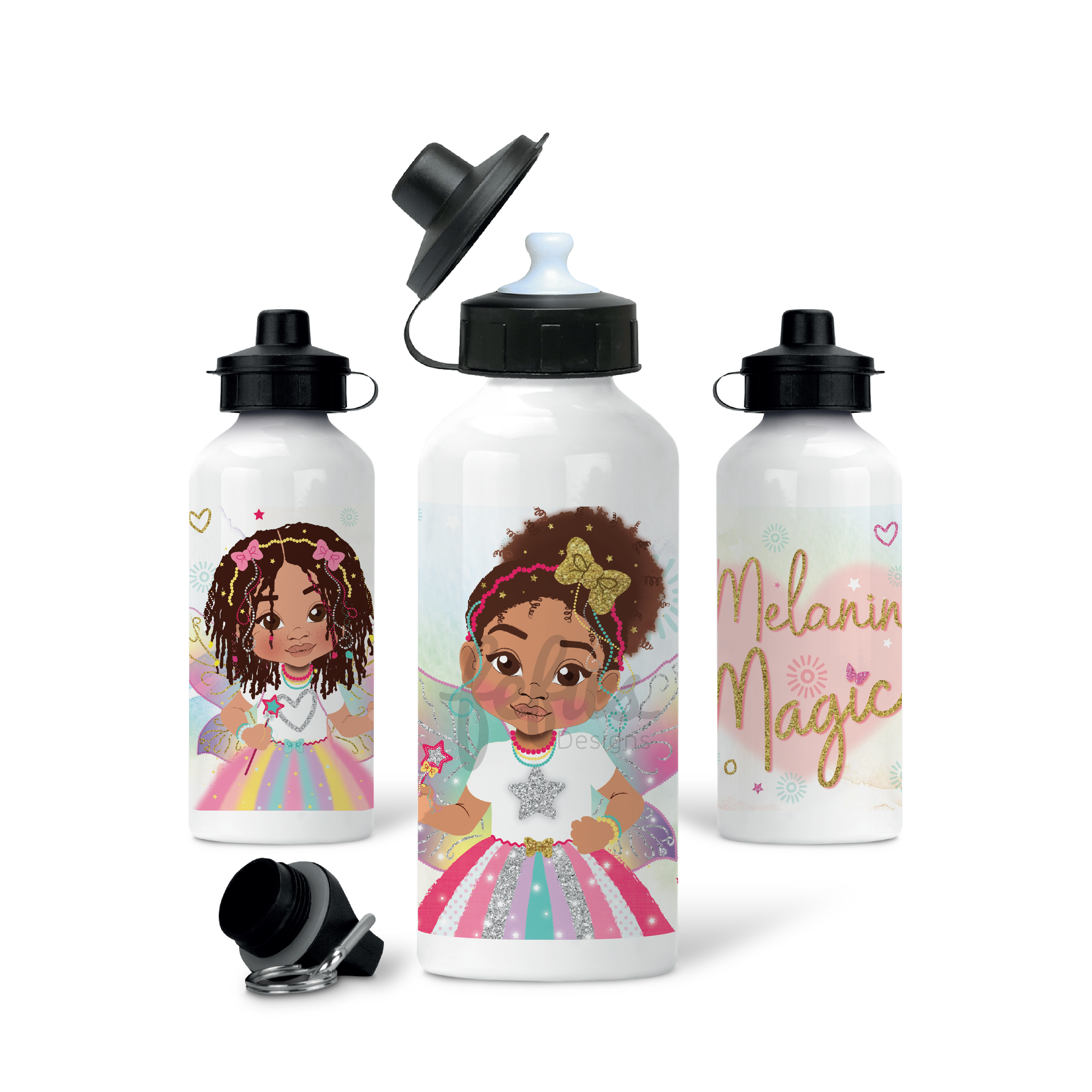 Melanin Girl Magic Biracial Fairy Water Bottle | Empowering Aluminium Hydration | Fefus Designs