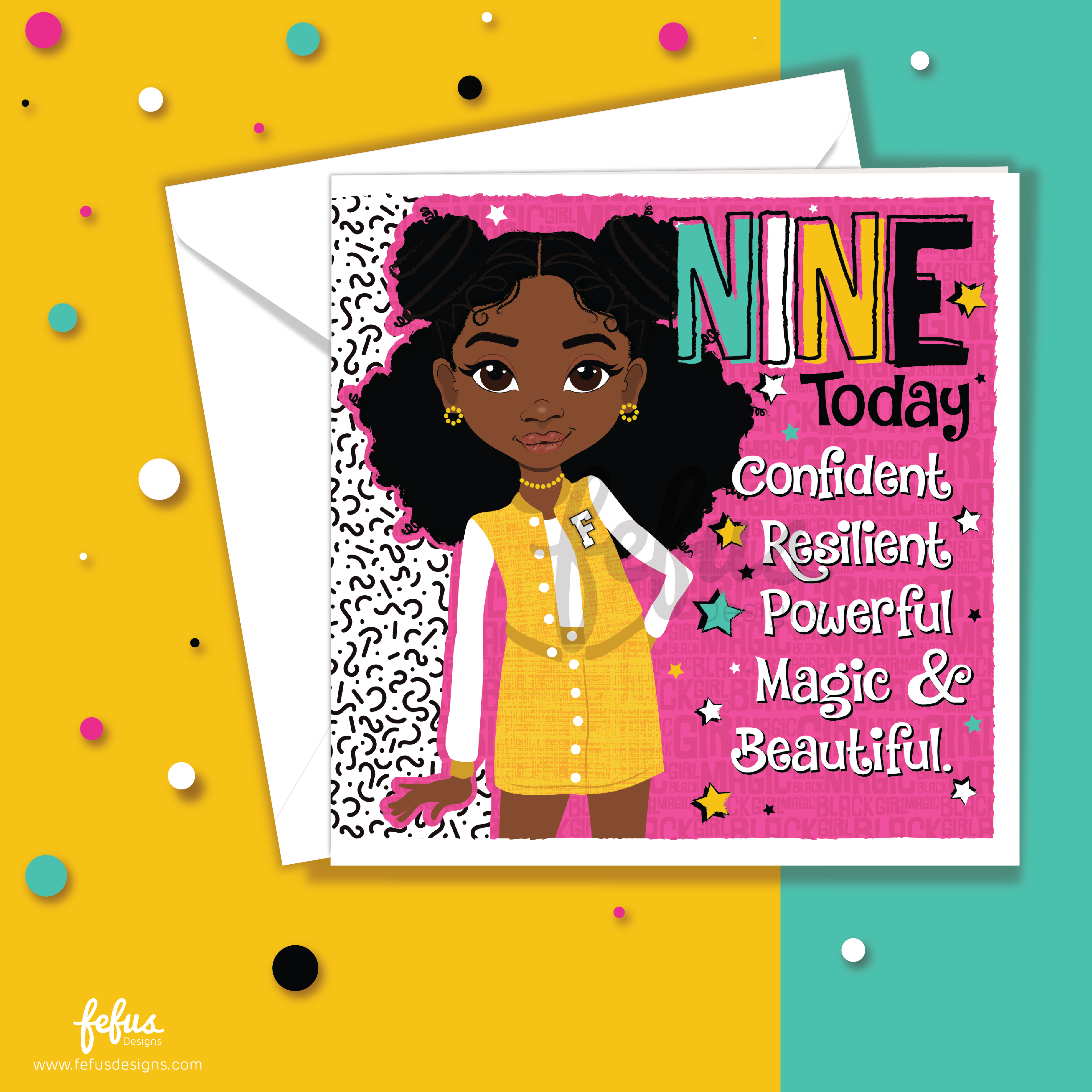 Black girl 9th birthday card with afro space buns and queen affirmation. Greeting card with a young girl in a yellow dress on a colourful background