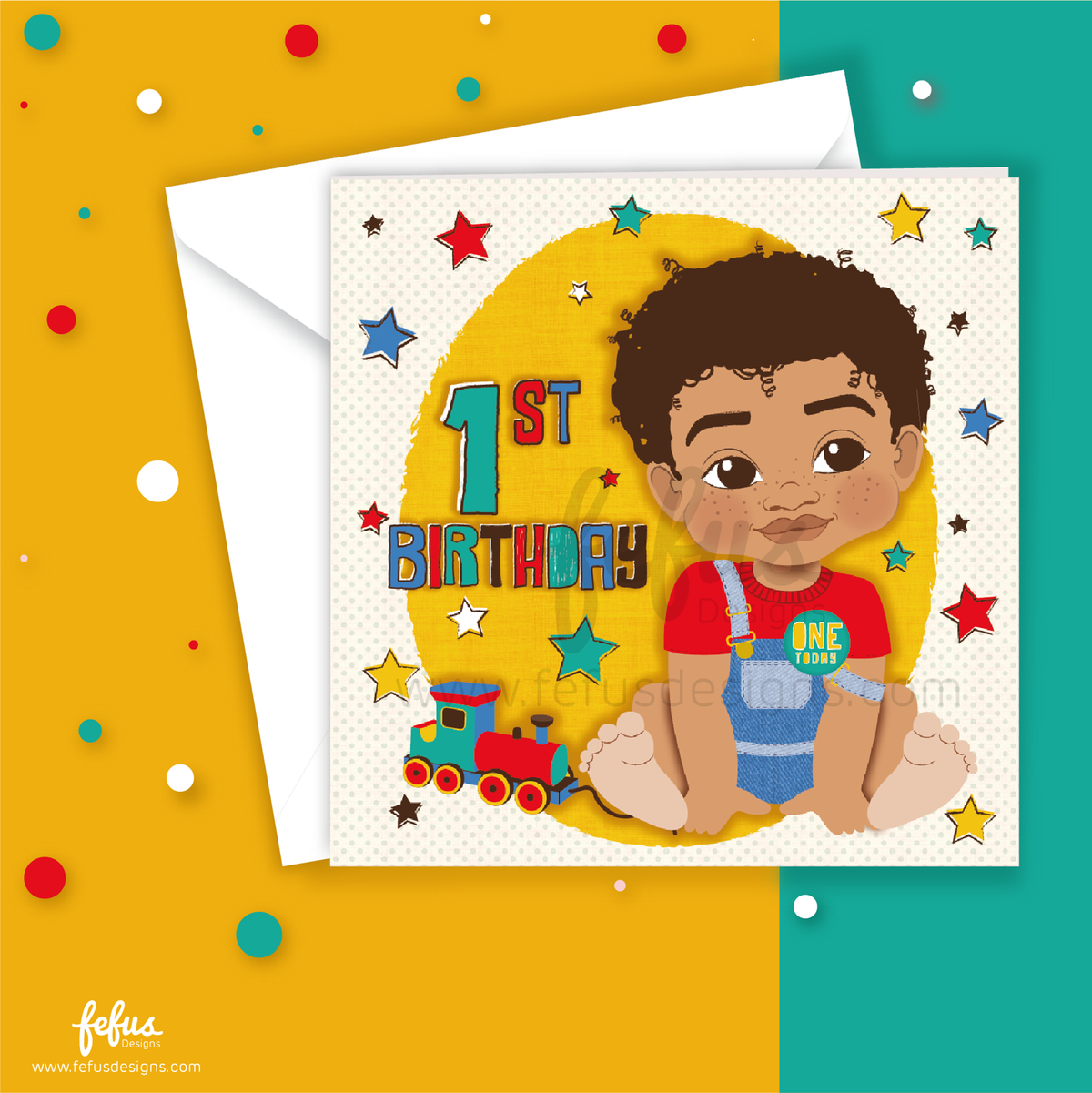 Mixed-race boy birthday card with colourful illustrated details