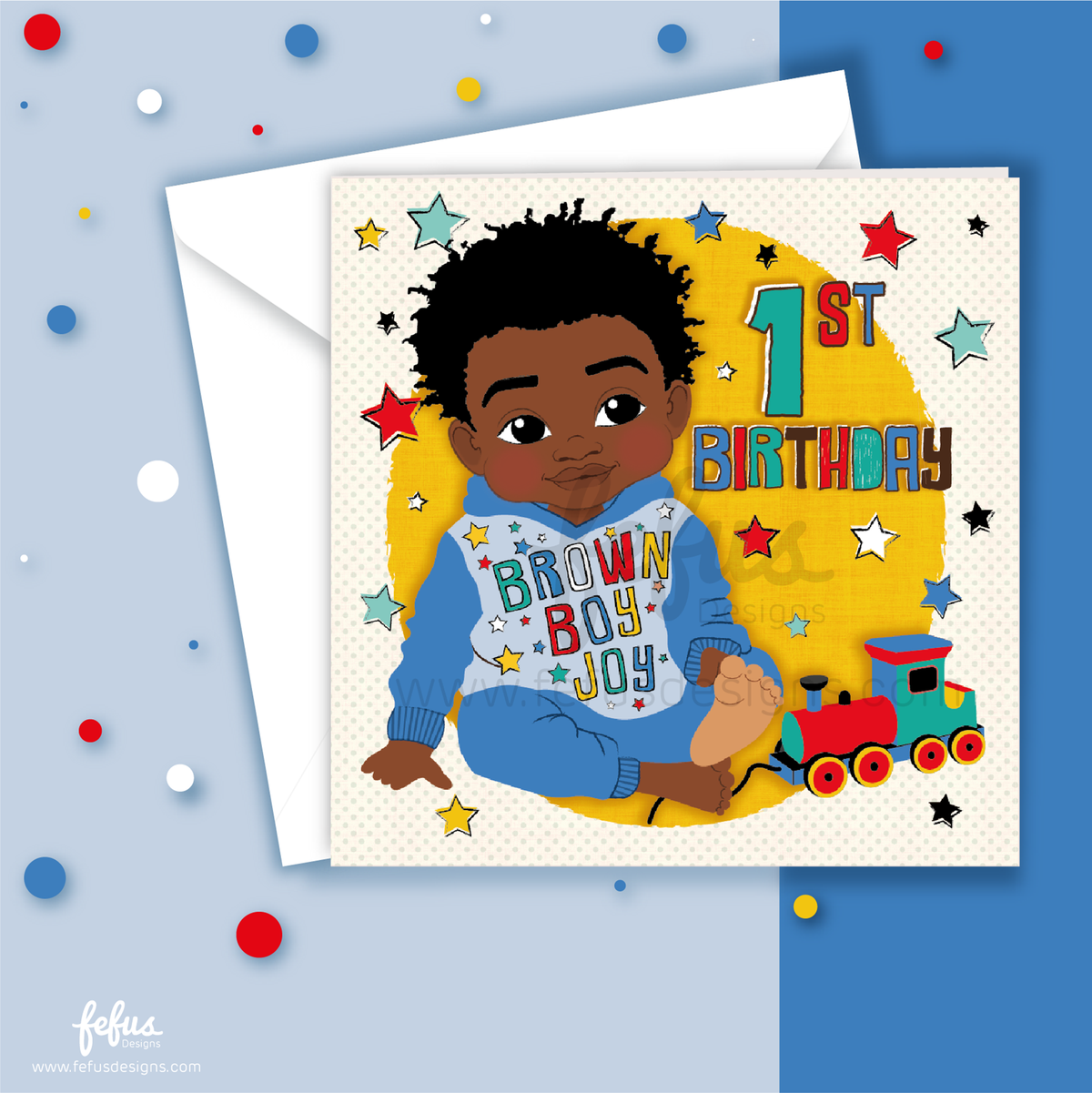 Black boy 1st birthday greeting card displayed with colourful illustrated details