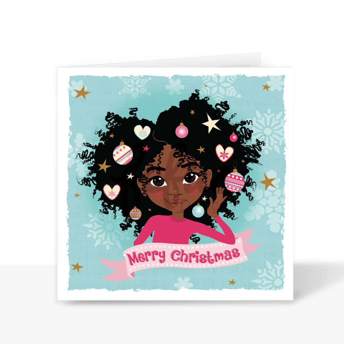 Black girl Afro Princess Christmas card featuring a festive Afro decorated with Christmas details and a Merry Christmas greeting.