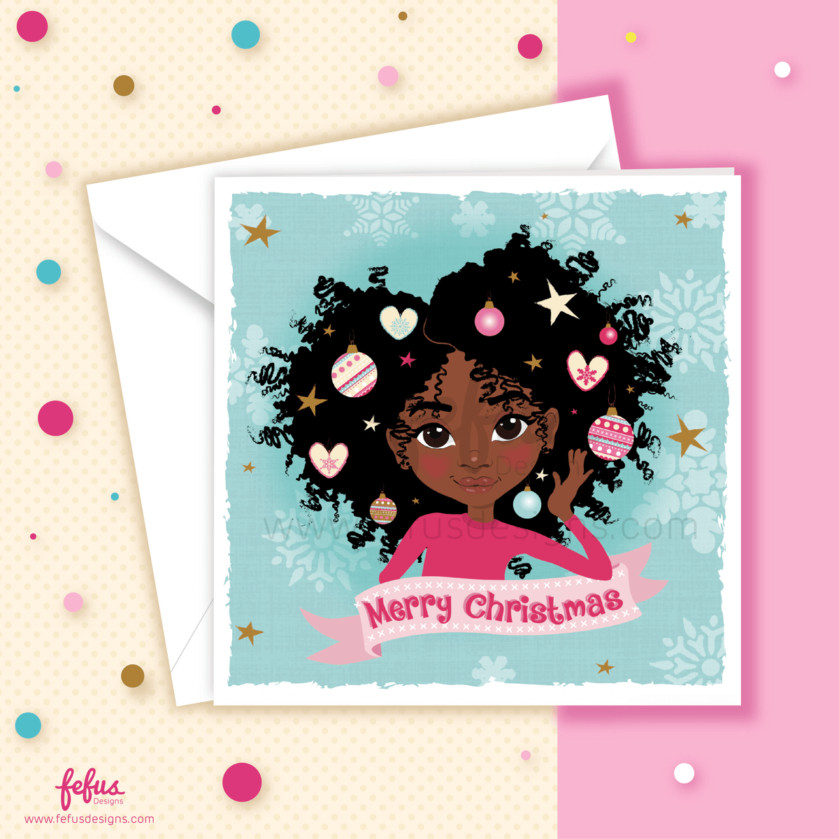 Black girl Afro Princess Christmas card featuring a festive Afro decorated with Christmas details and a Merry Christmas greeting.