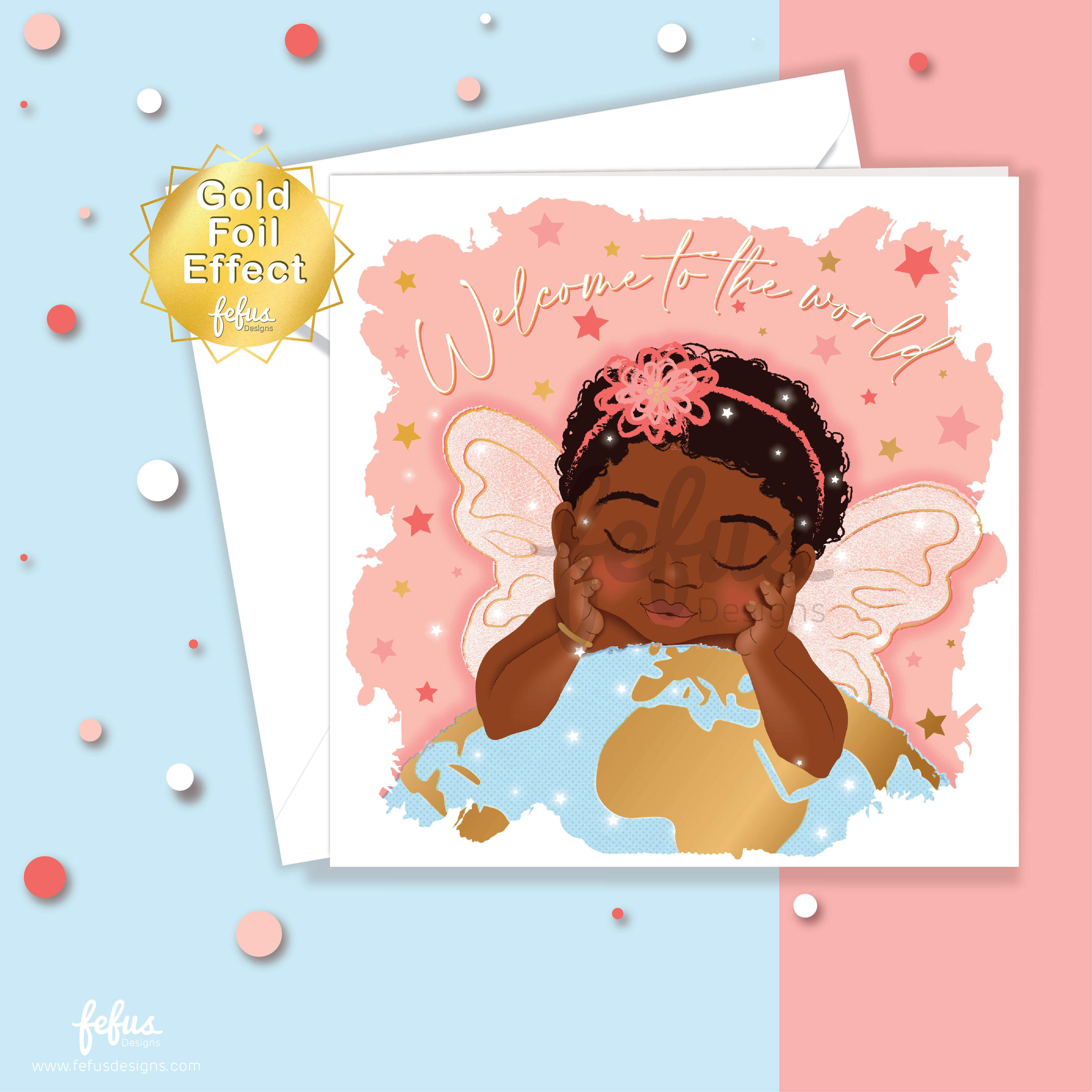 Back view of new baby black girls by Fefus Designs. Newborn baby card with gold foil effect on a colourful background