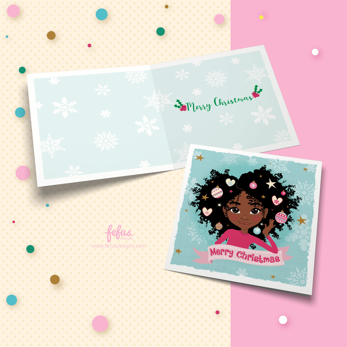 Black girl Afro Princess Christmas card featuring a festive Afro decorated with Christmas details and a Merry Christmas greeting.