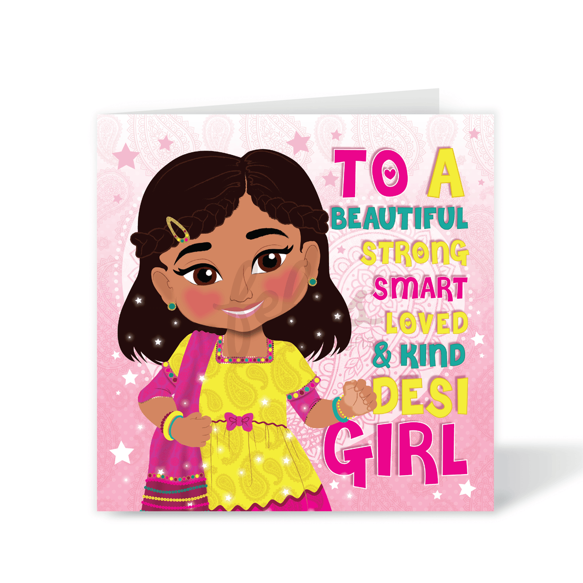 A vibrant square birthday card featuring a hand-drawn illustration of a joyful South Asian girl with stars in the background and the text "To A Beautiful Strong Smart Desi Girl," part of the Heritage Hero Collection by Fefus Designs.