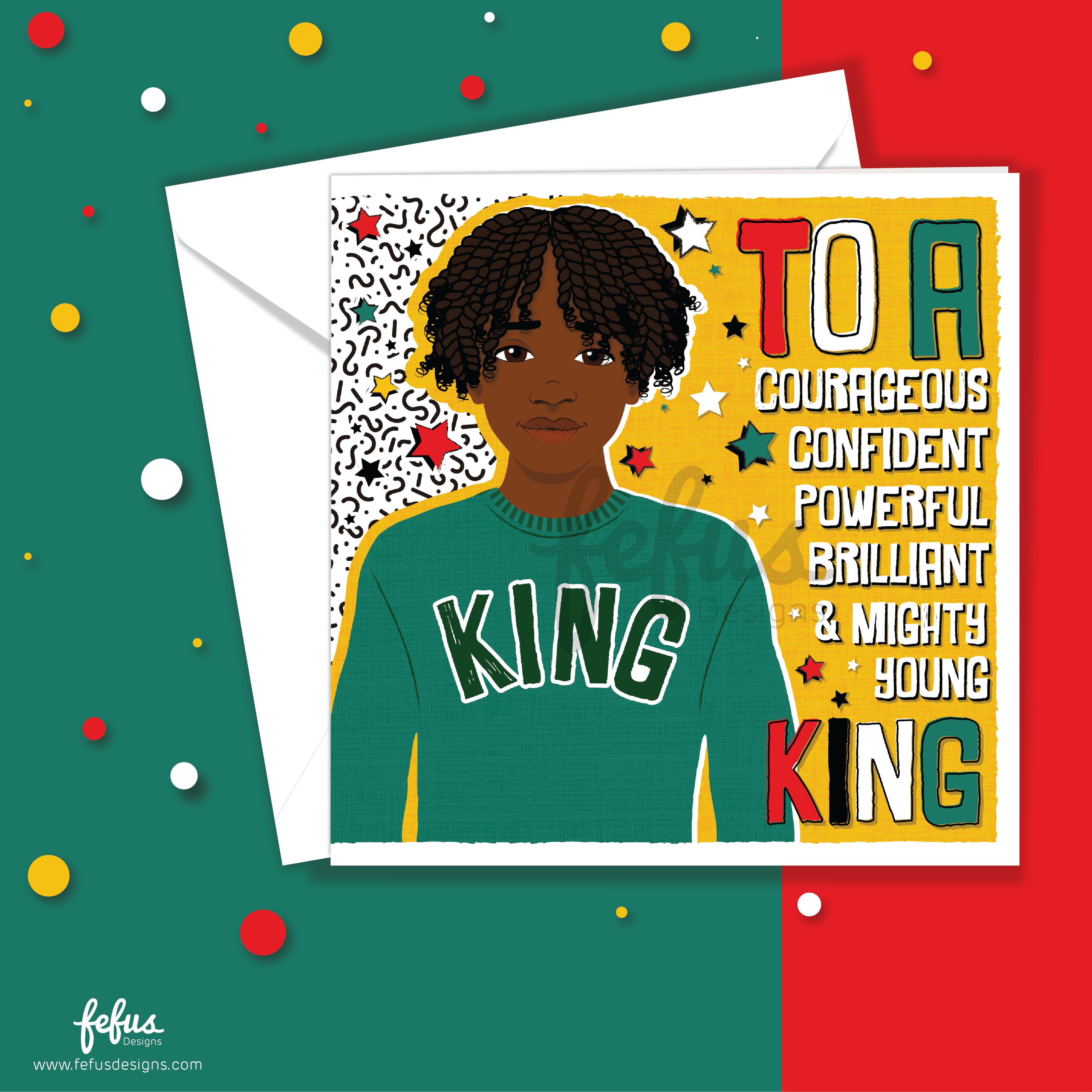 Empowering birthday card for Black boys featuring a boy with Afro twists and a baseball shirt. Greeting card with a young man wearing a 'KING' sweater on a colourful background. Close-up illustration of Afro twists hairstyle and baseball outfit – empowering boys greeting card