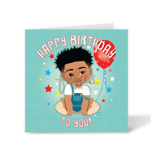 A vibrant square birthday card featuring a hand-drawn illustration of a mixed-heritage Blasian baby holding a balloon with stars in the background, part of the Heritage Hero Collection by Fefus Designs.