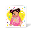 A vibrant square 1st birthday card featuring a hand-drawn illustration of a Blasian baby girl in a pink tracksuit with curl bunches and bows, part of the Heritage Hero Collection by Fefus Designs.