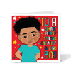 A vibrant square birthday card for boys, featuring a hand-drawn illustration of a joyful Blasian boy with stars and the text "To a SMART BRAVE CREATIVE & KIND boy," part of the Heritage Hero Collection by Fefus Designs.