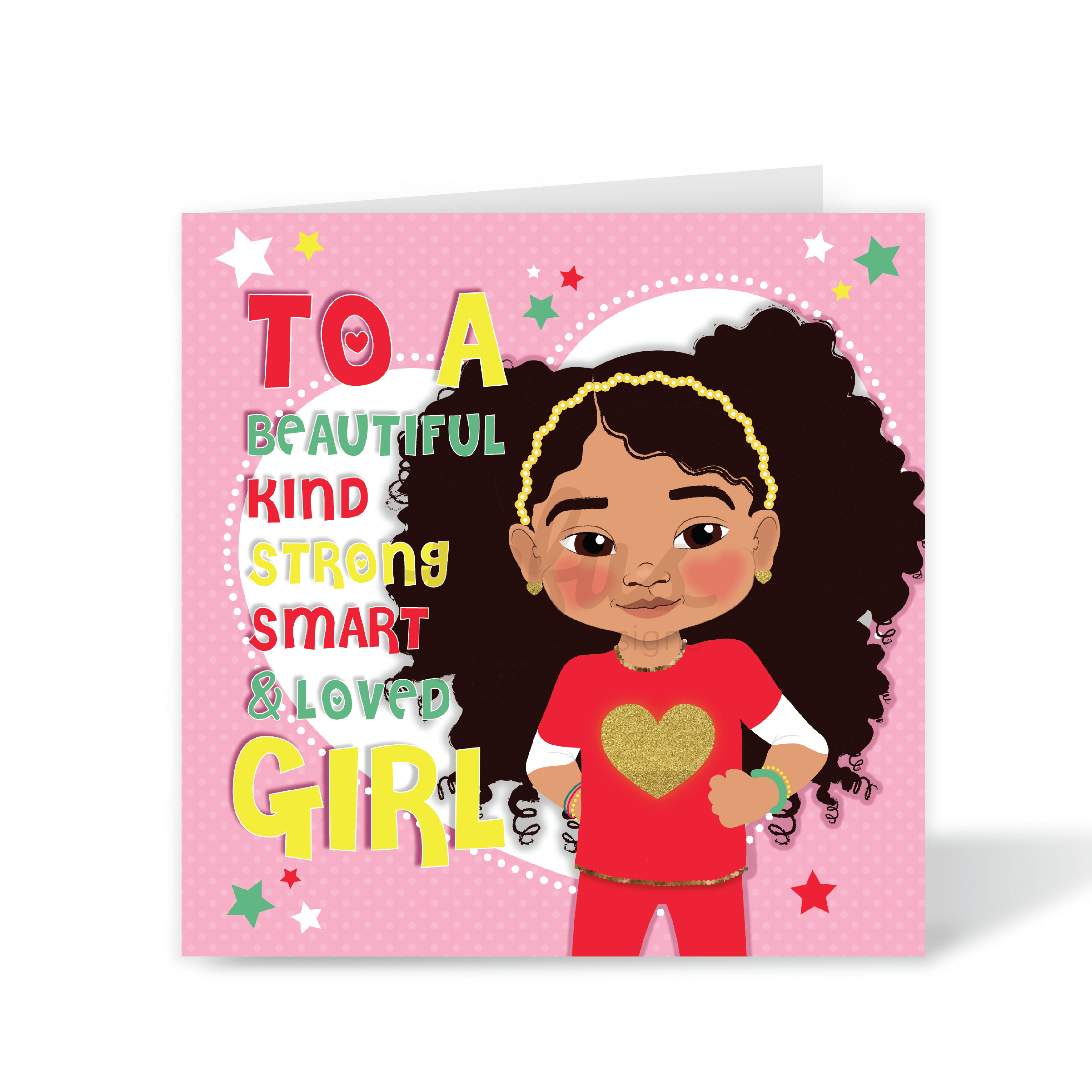 A colorful birthday card featuring an illustration of a Blasian girl character with a red outfit and big pigtails hairstyle.  Set on a pink background, surrounded by stars, and a big white heart in the background, with a message 'To A Beautiful....Girl