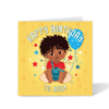 A vibrant square 1st birthday card featuring a hand-drawn illustration of a mixed-heritage Blindian baby with a balloon and stars, part of the Heritage Hero Collection by Fefus Designs.