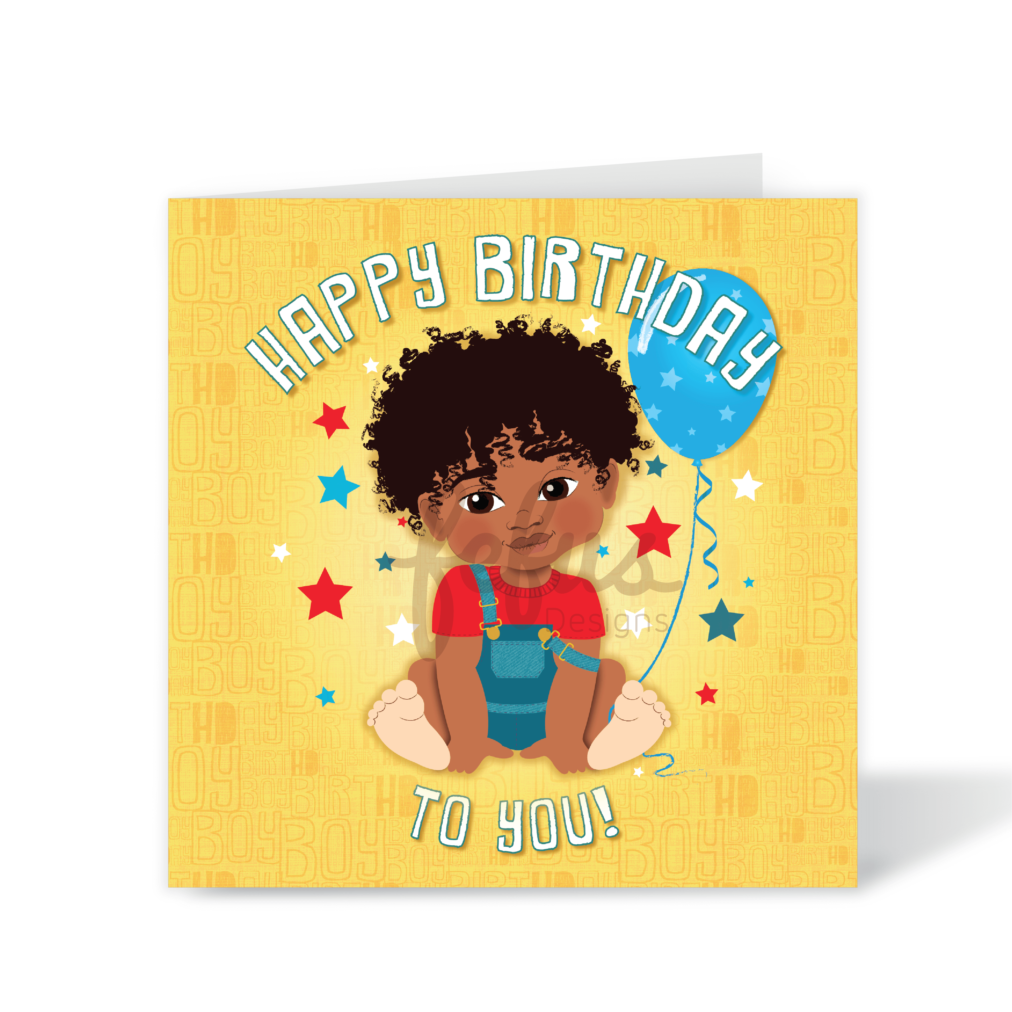 A vibrant square 1st birthday card featuring a hand-drawn illustration of a mixed-heritage Blindian baby with a balloon and stars, part of the Heritage Hero Collection by Fefus Designs.