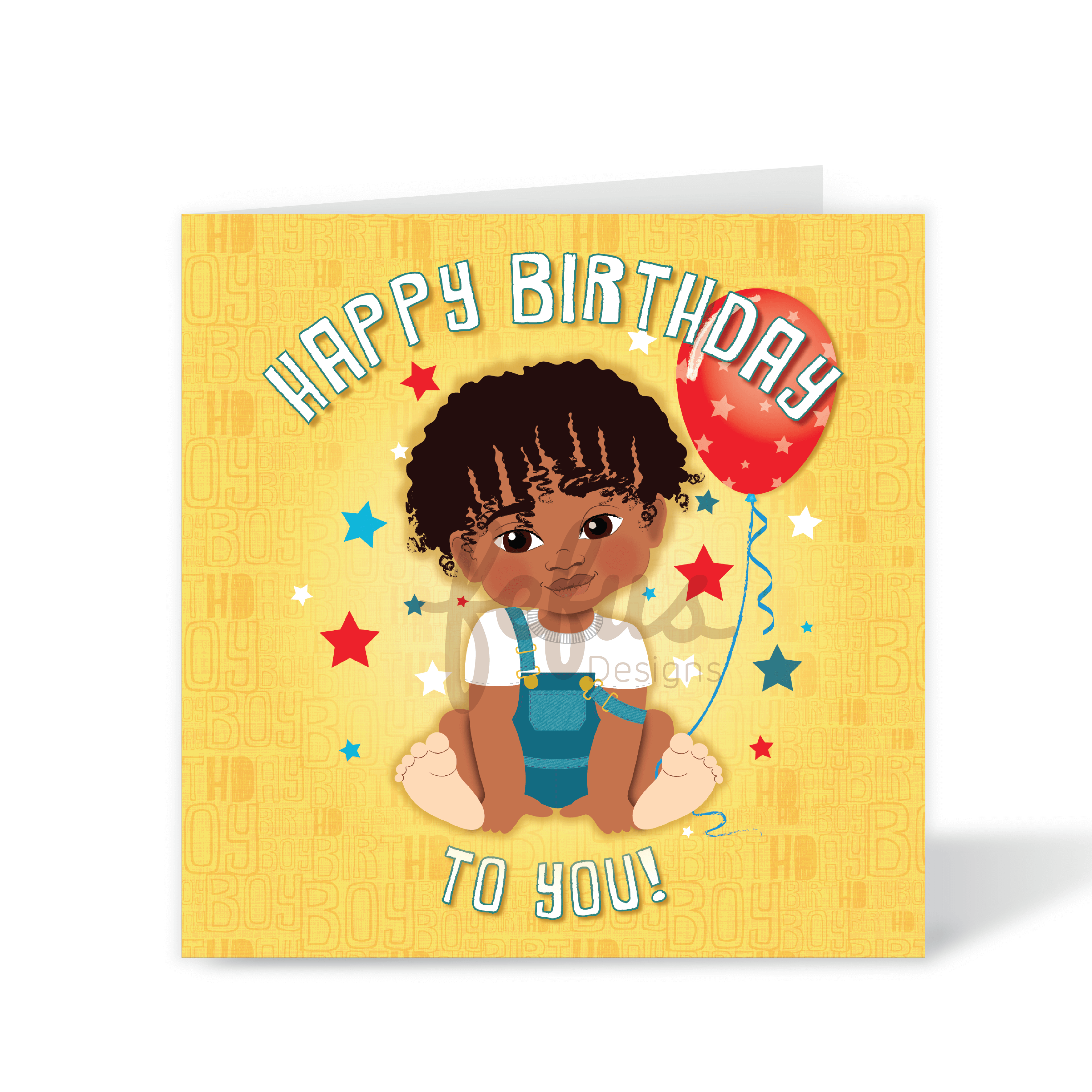 A vibrant square birthday card featuring a hand-drawn illustration of a mixed-heritage Blindian baby with curly hair holding a red balloon, part of the Heritage Hero Collection by Fefus Designs.