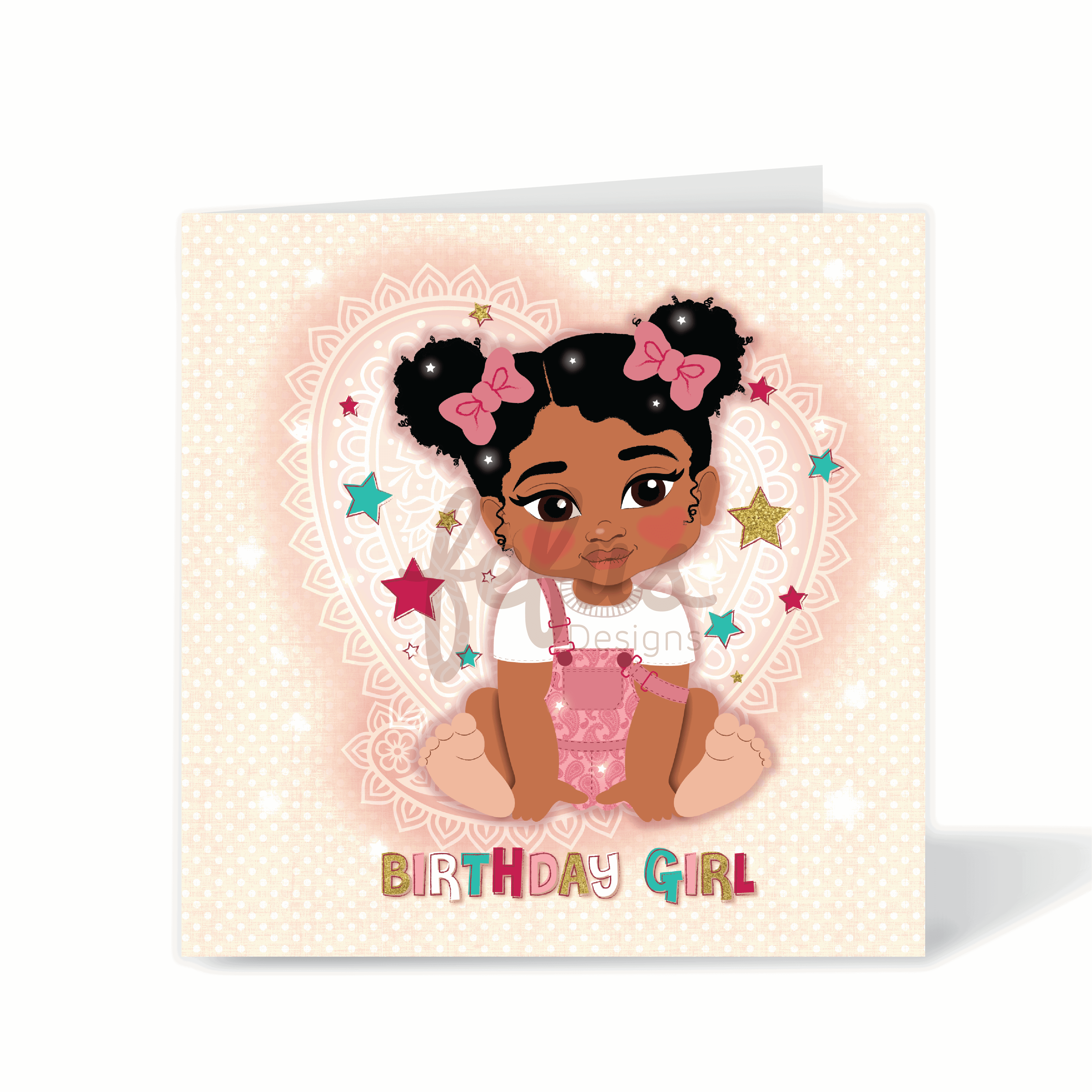A precious square 1st birthday card featuring a hand-drawn illustration of a mixed-heritage Blindian baby girl with hair buns and pink bows, part of the Heritage Hero Collection by Fefus Designs.