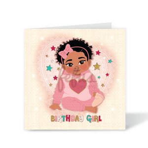 A vibrant square 1st birthday card featuring a hand-drawn illustration of a joyful mixed-heritage Blindian baby girl with stars and the text "Birthday Girl," part of the Heritage Hero Collection by Fefus Designs.