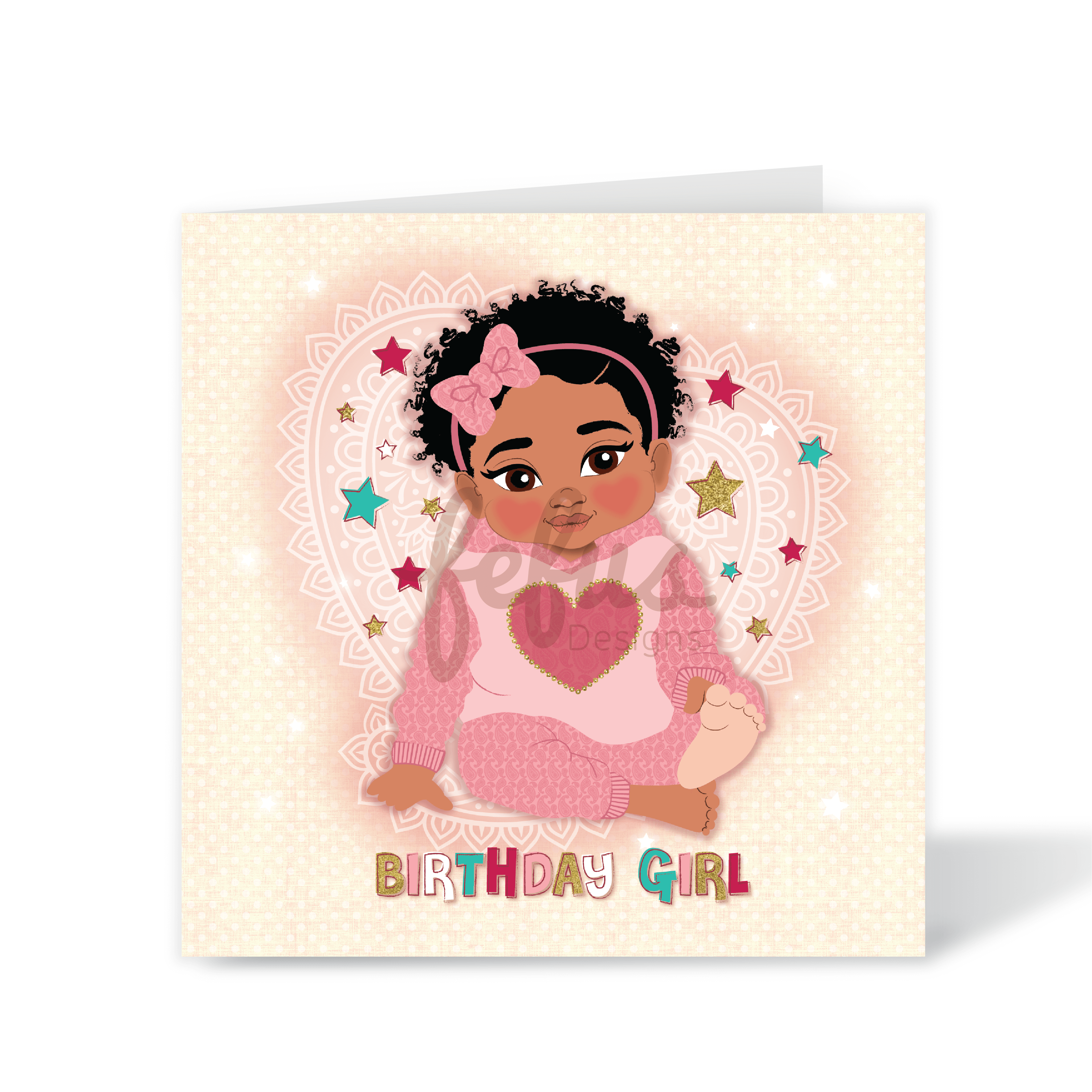 A vibrant square 1st birthday card featuring a hand-drawn illustration of a joyful mixed-heritage Blindian baby girl with stars and the text "Birthday Girl," part of the Heritage Hero Collection by Fefus Designs.