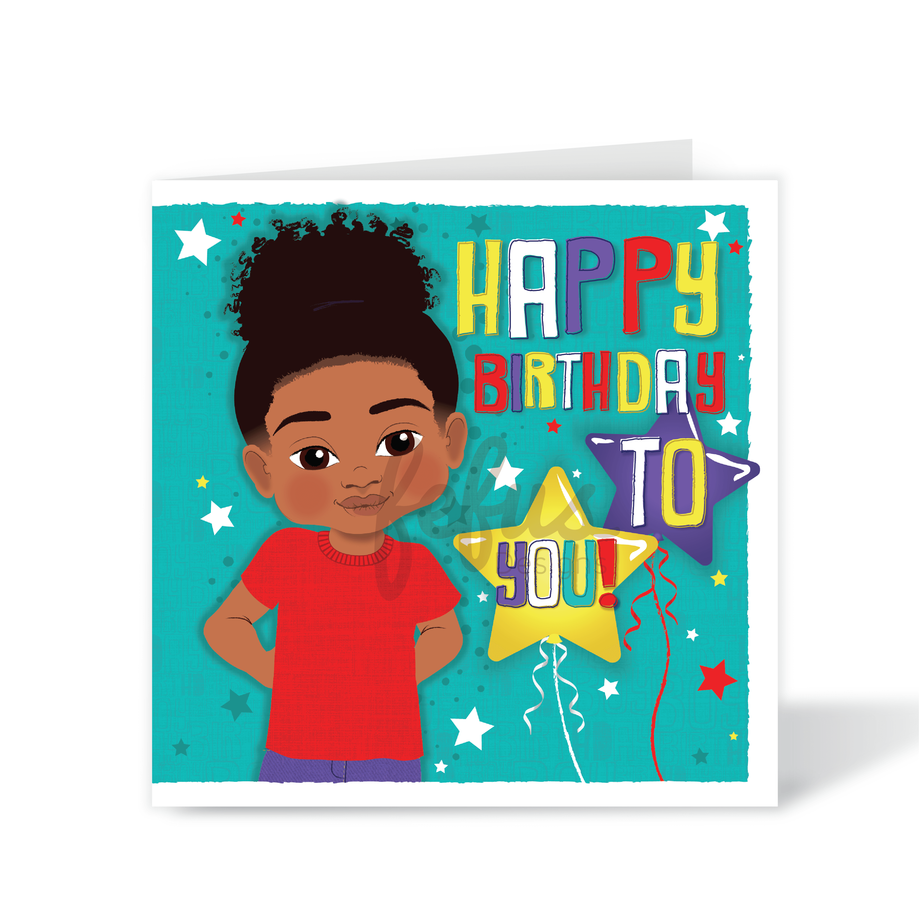 A vibrant square birthday card for boys, featuring a hand-drawn illustration of a joyful mixed-heritage Blindian boy with stars and the text "Happy Birthday To You," part of the Heritage Hero Collection by Fefus Designs.