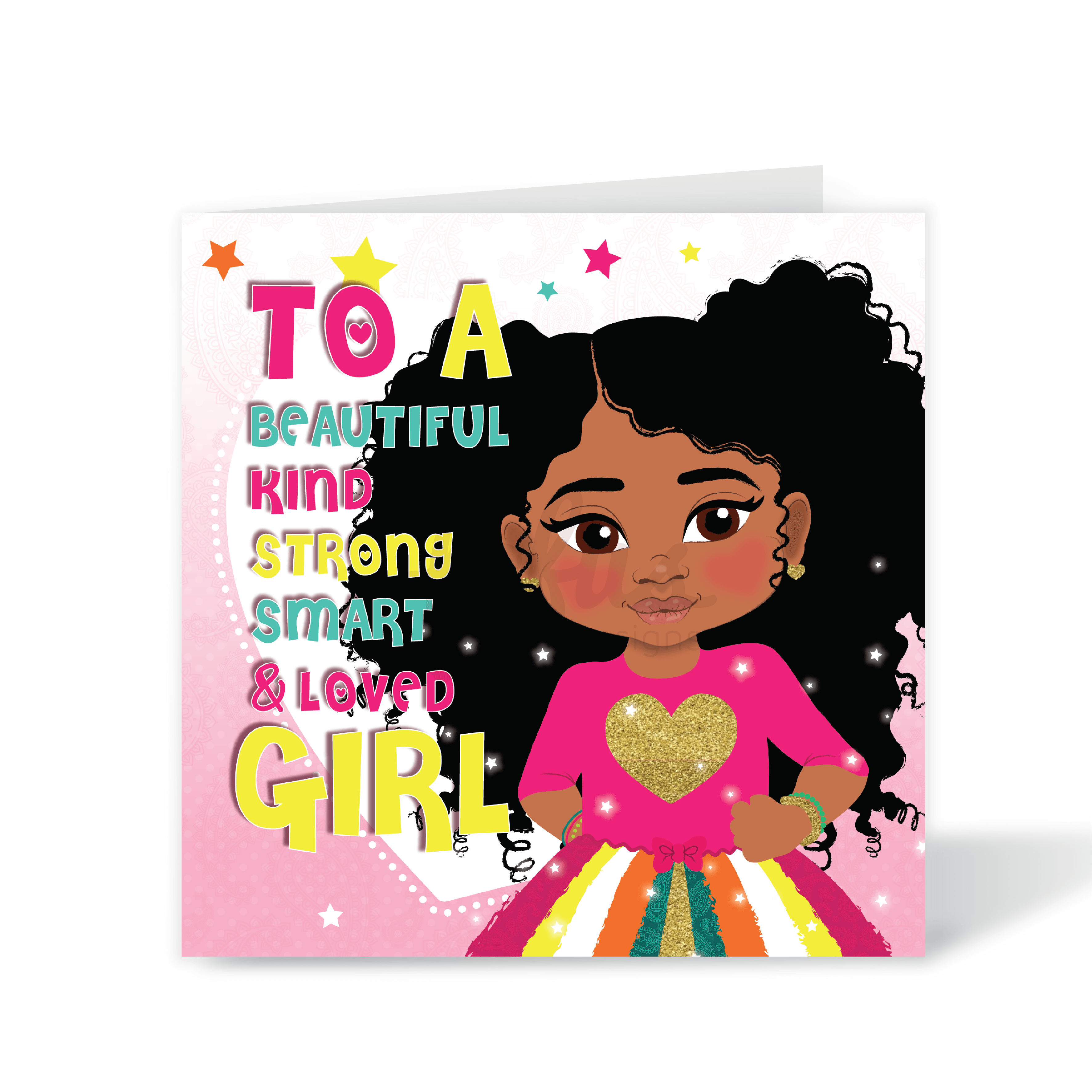 A vibrant square birthday card for a Blindian girl, featuring a hand-drawn illustration of a child with a heart-shaped "LOVE" badge and colourful stars, part of the Heritage Hero Collection by Fefus Designs.