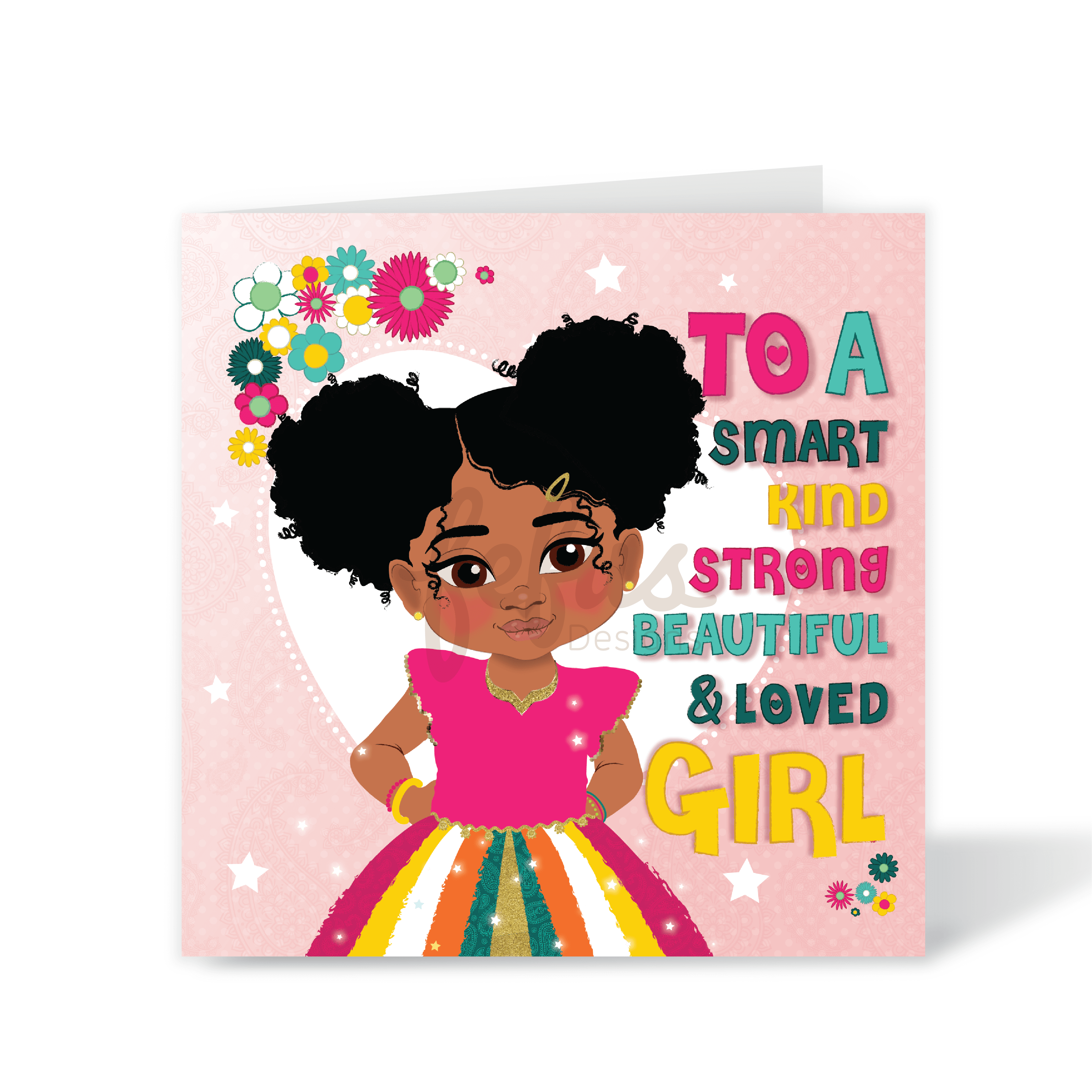 A vibrant square birthday card for a Blindian girl, featuring a hand-drawn illustration of a girl with an afro puff hairstyle and the text "To a Smart... Girl," part of the Heritage Hero Collection by Fefus Designs.