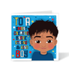 A vibrant blue square birthday card for boys, featuring a hand-drawn illustration of a joyful South Asian boy with stars in the background and the text "To A Smart Creative Brave & Kind Boy," part of the Heritage Hero Collection by Fefus Designs.