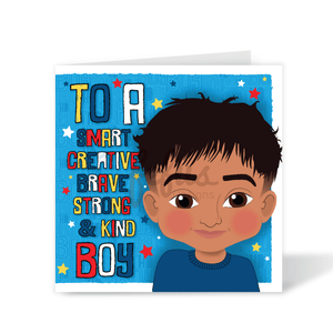 A vibrant blue square birthday card for boys, featuring a hand-drawn illustration of a joyful South Asian boy with stars in the background and the text "To A Smart Creative Brave & Kind Boy," part of the Heritage Hero Collection by Fefus Designs.