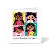 A vibrant square greeting card featuring a hand-drawn illustration of a diverse group of joyful South Asian girls with the empowering text "Let your inner Desi Girl Shine," part of the Heritage Hero Collection by Fefus Designs.