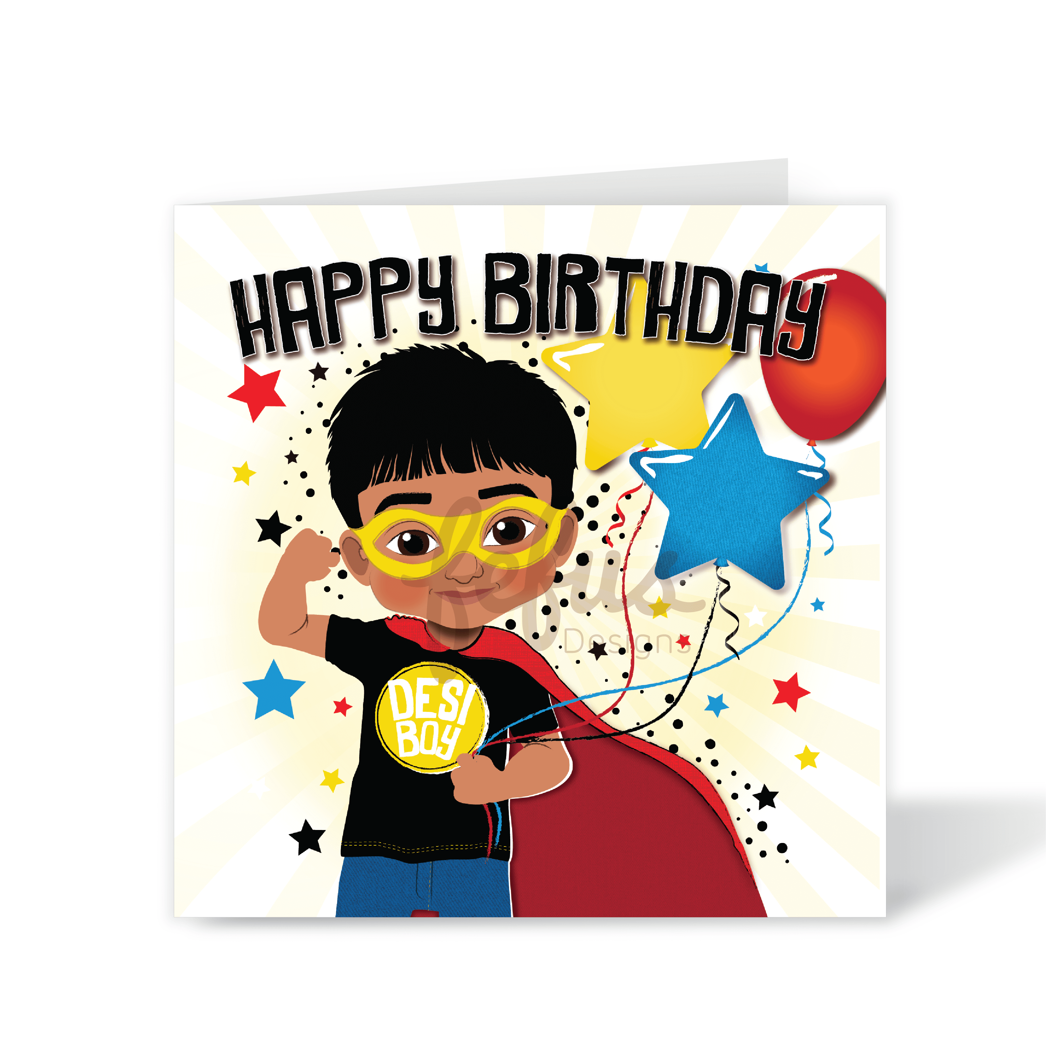 A vibrant square birthday card for boys, featuring a hand-drawn illustration of a joyful South Asian boy in a superhero costume with stars and a balloon, part of the Heritage Hero Collection by Fefus Designs.
