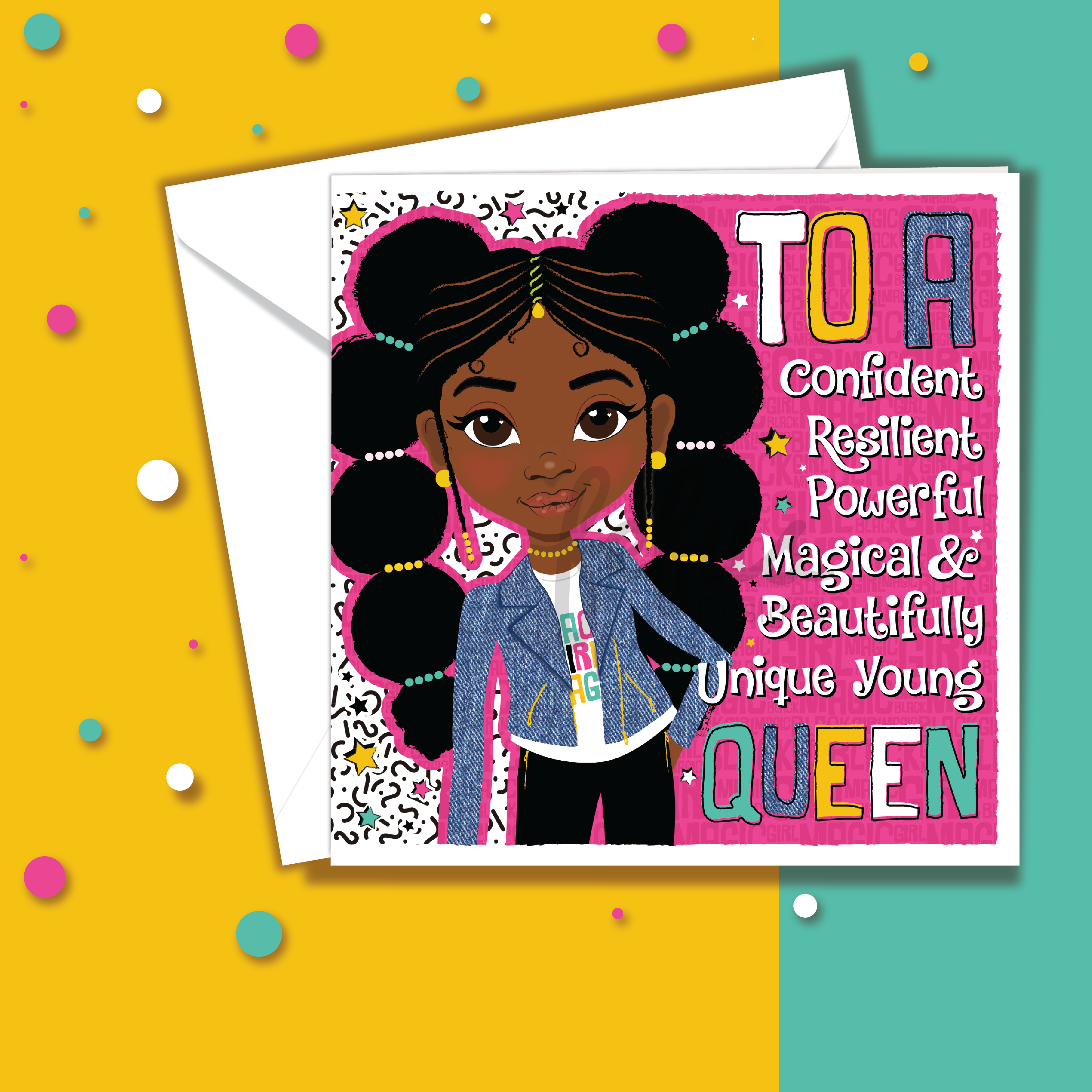 Empowering birthday card for Black girls featuring a girl with bubble pigtails and a denim biker jacket.. Greeting card with an illustration of a young girl  on a colourful background. Close-up of bubble pigtails hairstyle and denim jacket illustration – empowering girls greetings card