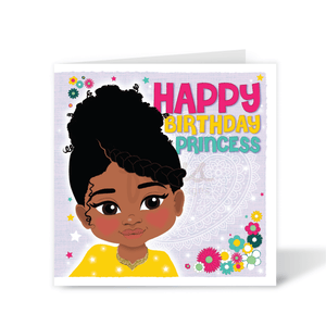 A colourful, square birthday card featuring a hand-drawn illustration of a confident young Blindian (Black and Asian) girl. The design includes vibrant decorative elements and the cover text: "Happy Birthday Princess".