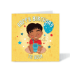 A vibrant yellow square birthday card for boys, featuring a hand-drawn illustration of a joyful South Asian baby boy holding a balloon with stars, part of the Heritage Hero Collection by Fefus Designs.