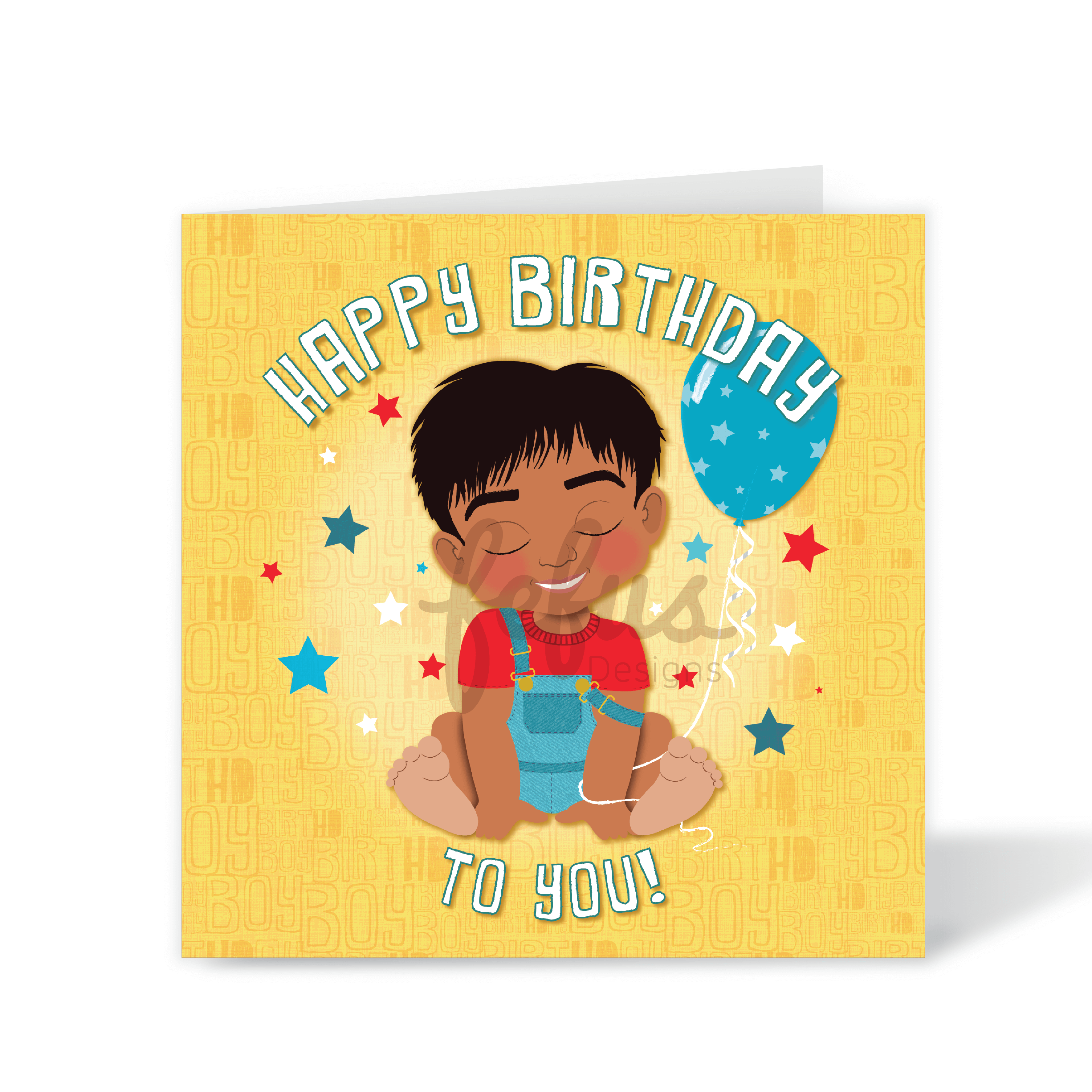 A vibrant yellow square birthday card for boys, featuring a hand-drawn illustration of a joyful South Asian baby boy holding a balloon with stars, part of the Heritage Hero Collection by Fefus Designs.