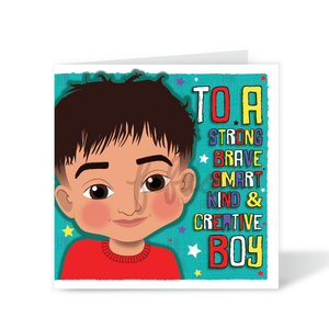 A vibrant square birthday card for boys, featuring a hand-drawn illustration of a joyful South Asian boy with the text "To a strong. Brave." and colourful stars, part of the Heritage Hero Collection by Fefus Designs.