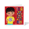 A colorful birthday card featuring an illustration of a South Asian boy in a yellow t-shirt, with text that reads 'To a SUPER BOY' and 'Brave & Kind'.